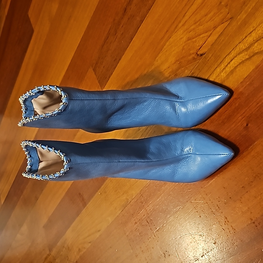 SCHUTZ Blue Heeled Boots with Reflective Finish